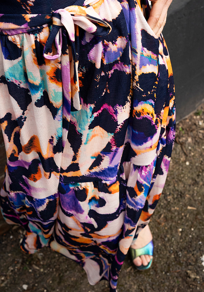 Reverie Abstract Butterfly Wing Print Tiered Midaxi Dress