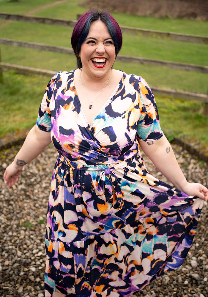 Reverie Abstract Butterfly Wing Print Tiered Midaxi Dress