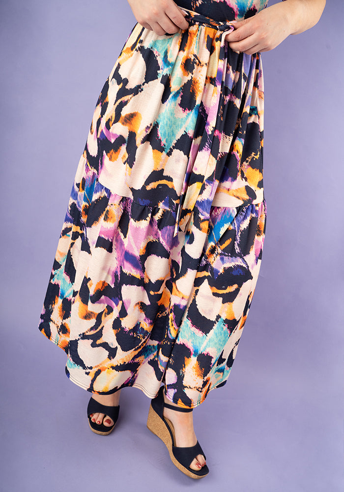 Reverie Abstract Butterfly Wing Print Tiered Midaxi Dress