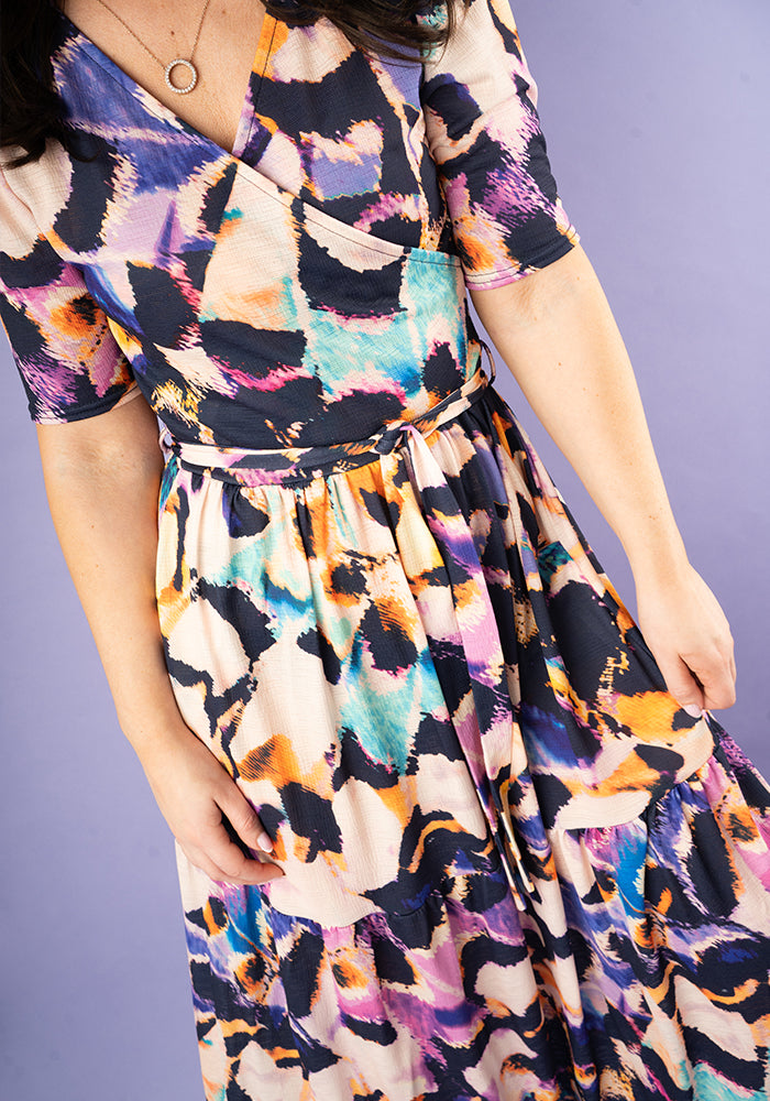 Reverie Abstract Butterfly Wing Print Tiered Midaxi Dress