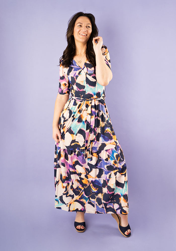 Reverie Abstract Butterfly Wing Print Tiered Midaxi Dress