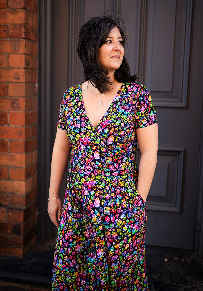 Front view of Reya Rainbow Jewels Print Viscose Midi Dress