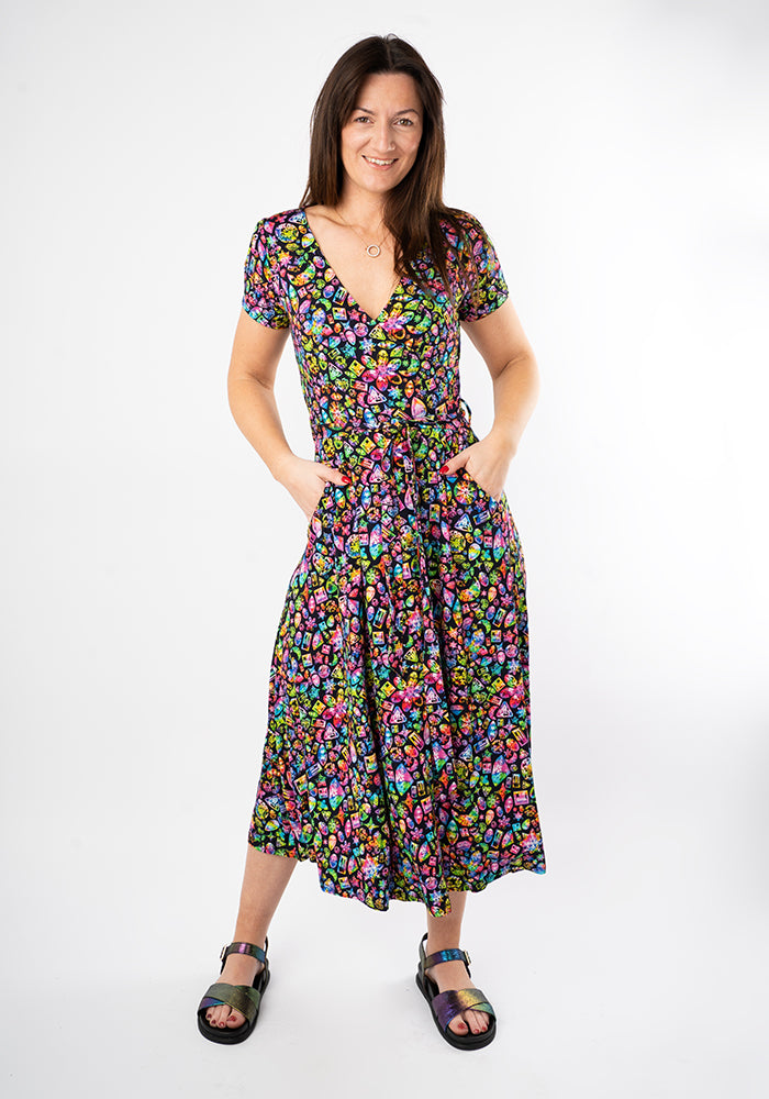 Third angle of Reya Rainbow Jewels Print Viscose Midi Dress