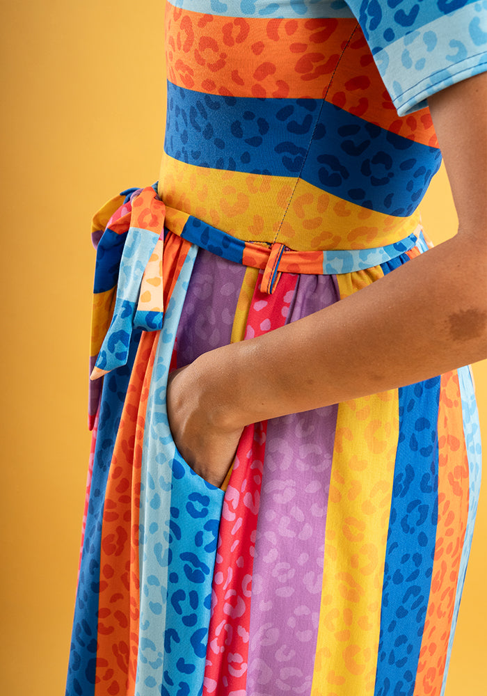 Rhea Rainbow Animal Stripe Print Midi Dress