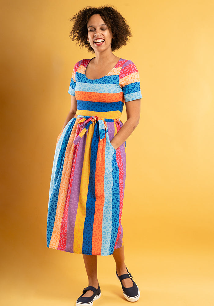 Rhea Rainbow Animal Stripe Print Midi Dress