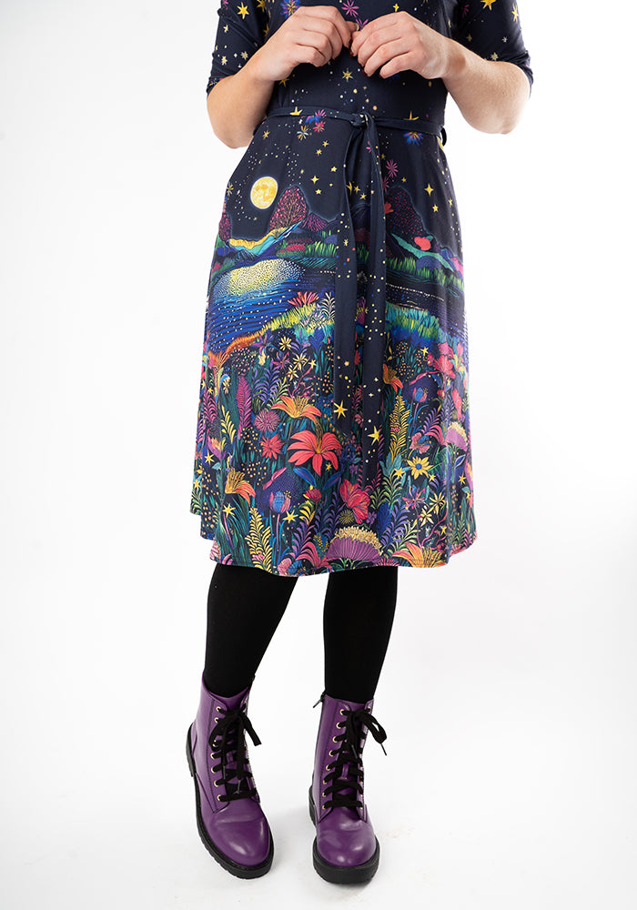 Third angle of Rhianna Moonlit Lake Border Print Dress