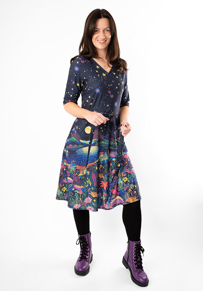 Front view of Rhianna Moonlit Lake Border Print Dress