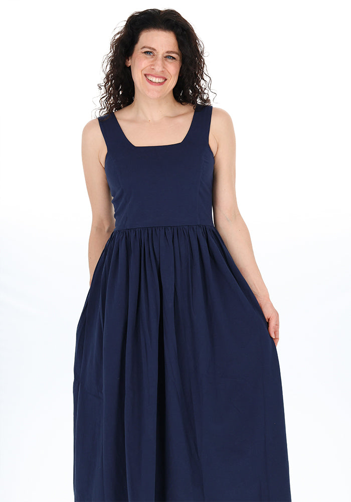 Third angle of Rhona Navy Shirred Cotton Midaxi Dress