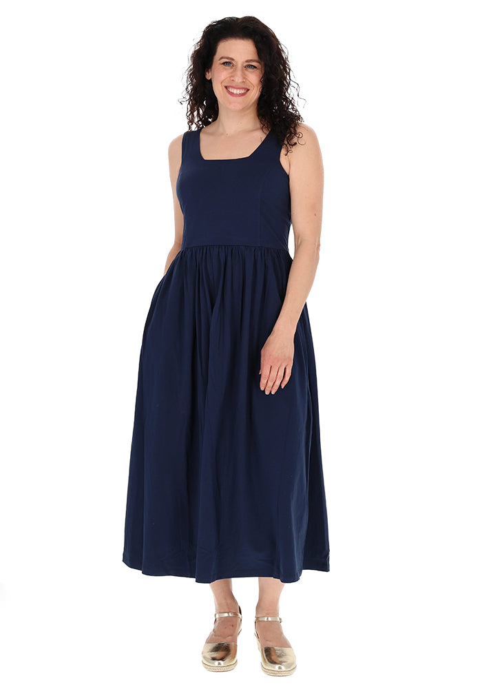 Second angle of Rhona Navy Shirred Cotton Midaxi Dress