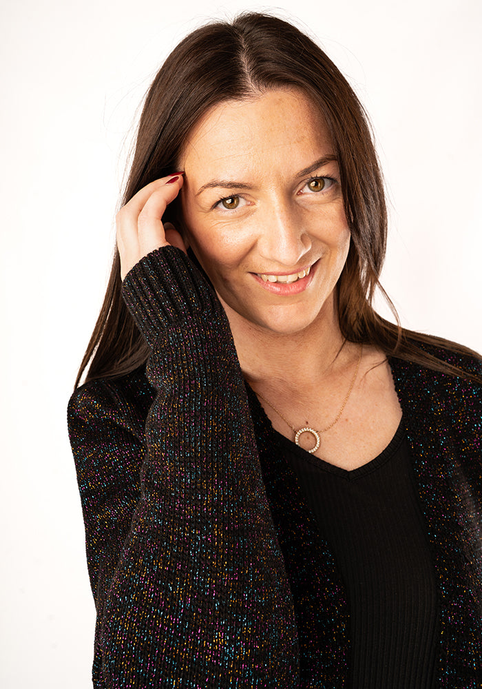 Seventh angle of Ribbed Cuff Cardigan Black and Rainbow Lurex