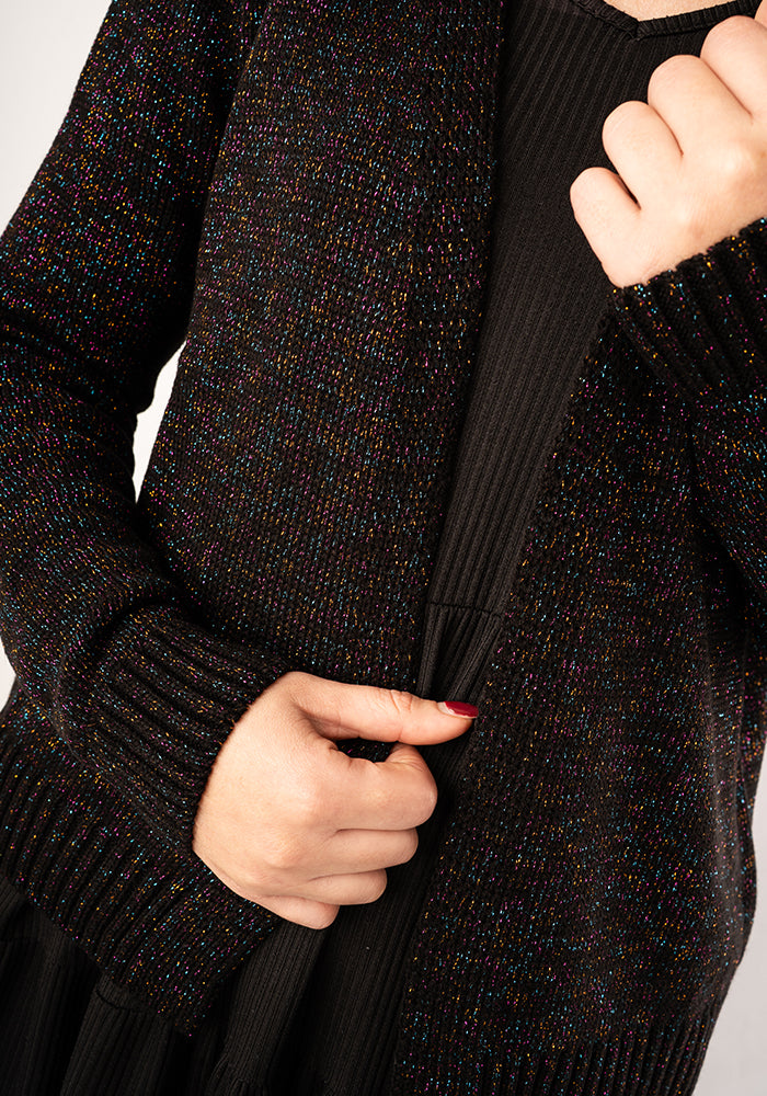 Third angle of Ribbed Cuff Cardigan Black and Rainbow Lurex