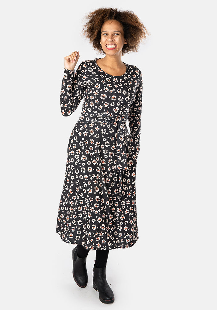 Ridley Mono Animal Floral Print Midi Dress