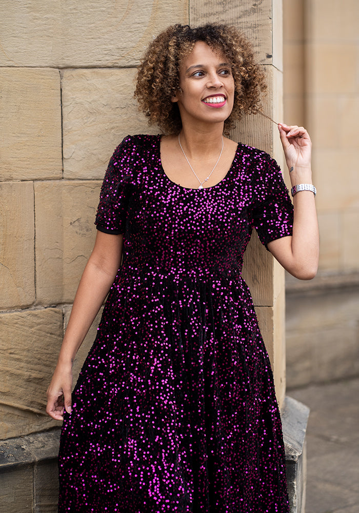Rika Pink &amp; Black Sequin Gathered Waist Midi Dress