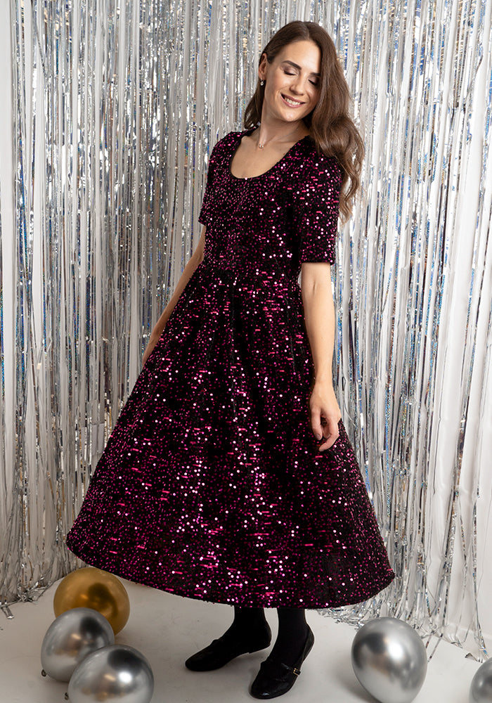Rika Pink & Black Sequin Gathered Waist Midi Dress