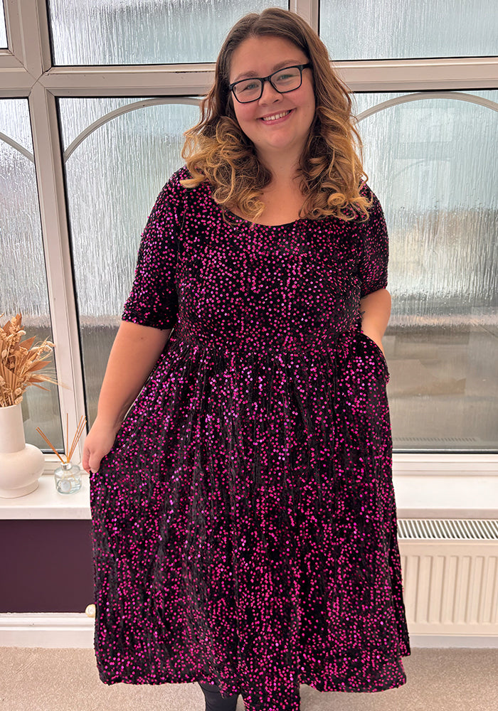 Rika Pink & Black Sequin Gathered Waist Midi Dress