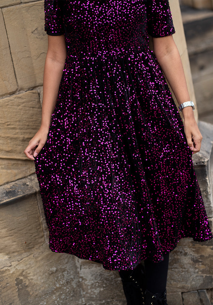 Rika Pink & Black Sequin Gathered Waist Midi Dress