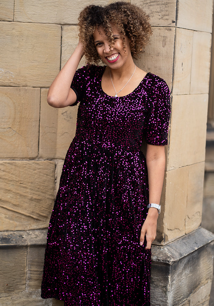 Rika Pink &amp; Black Sequin Gathered Waist Midi Dress