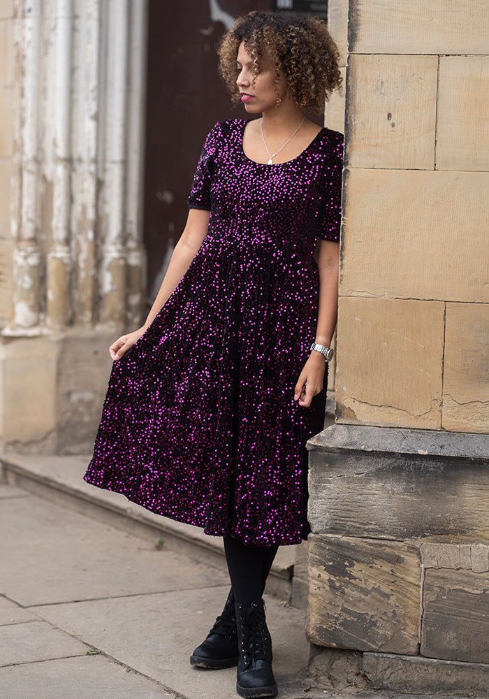 Rika Pink &amp; Black Sequin Gathered Waist Midi Dress