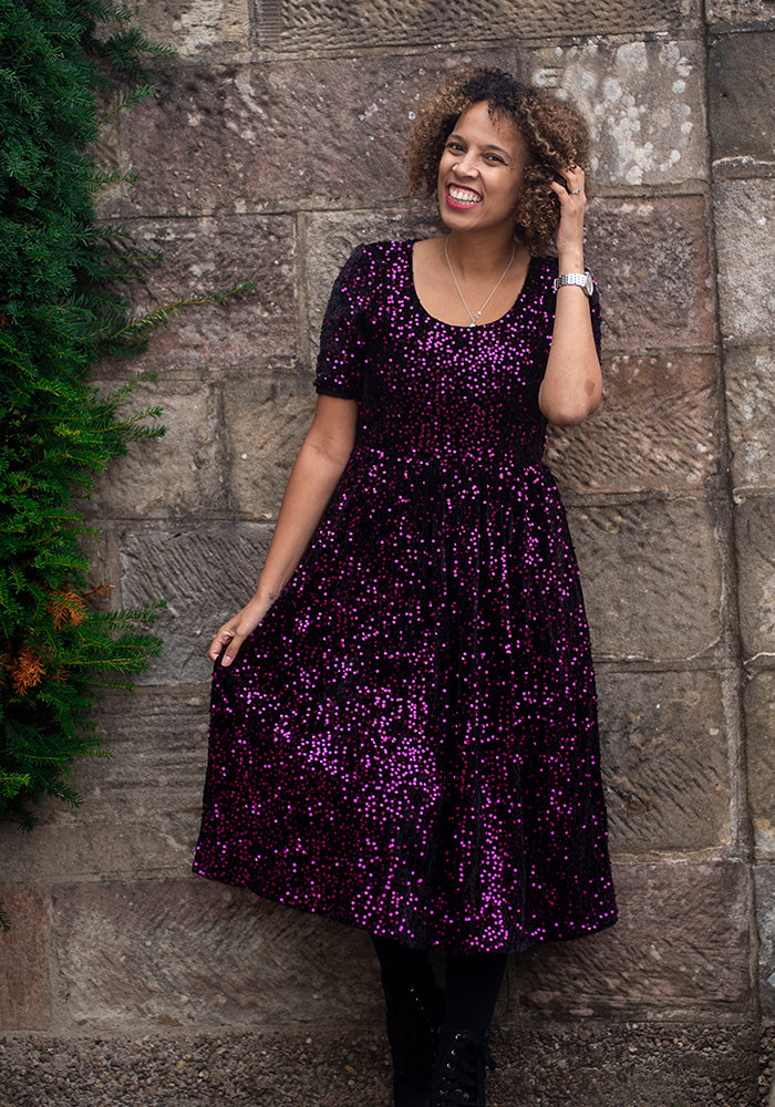 Rika Pink &amp; Black Sequin Gathered Waist Midi Dress