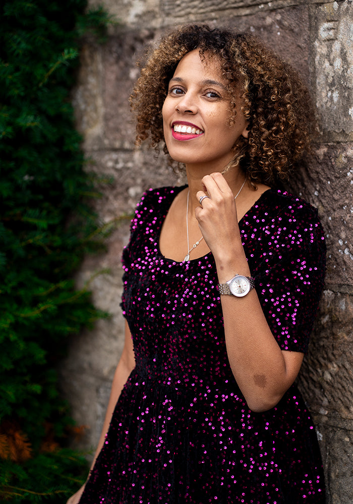 Rika Pink &amp; Black Sequin Gathered Waist Midi Dress