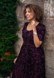 Rika Pink & Black Sequin Gathered Waist Midi Dress