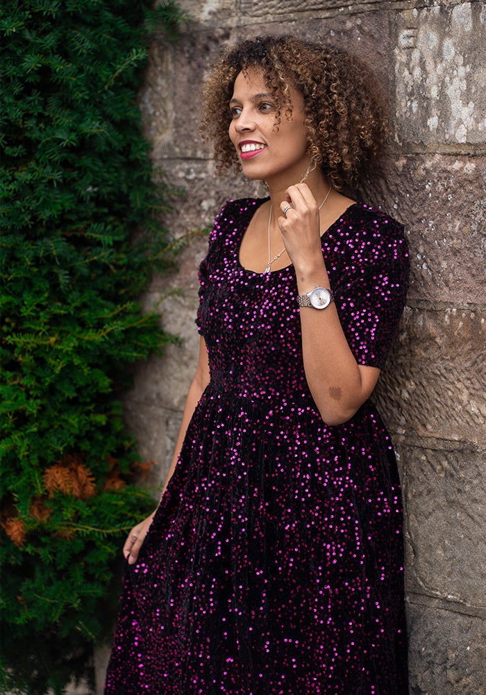Rika Pink & Black Sequin Gathered Waist Midi Dress