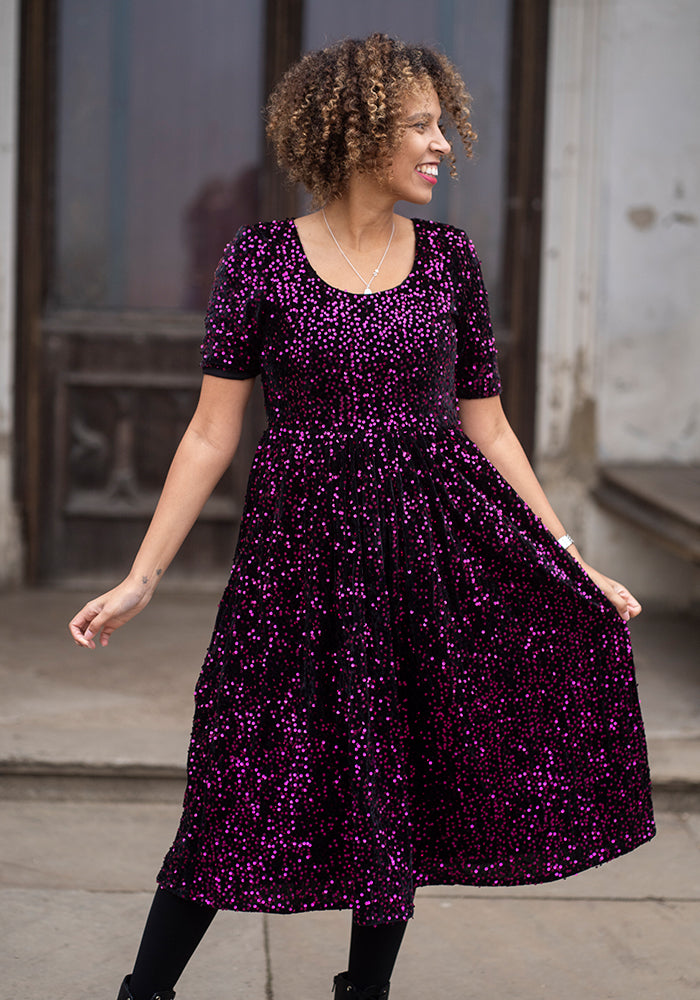 Rika Pink & Black Sequin Gathered Waist Midi Dress