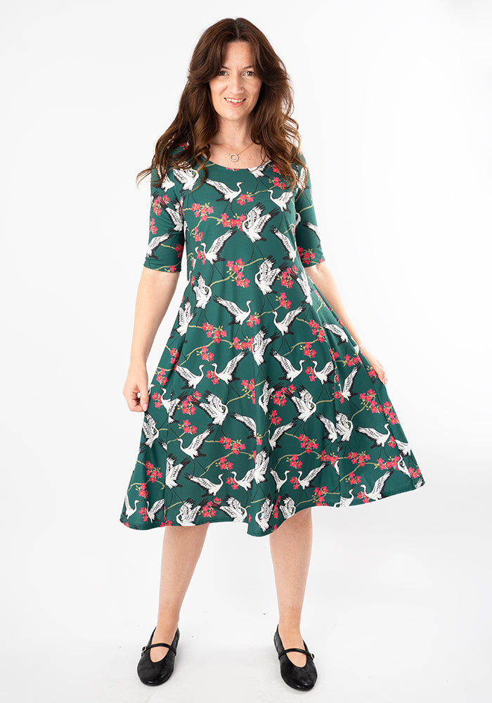 Fourth angle of Rivka Dancing Bird Print Trapeze Dress