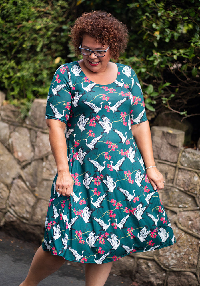 Front view of Rivka Dancing Bird Print Trapeze Dress