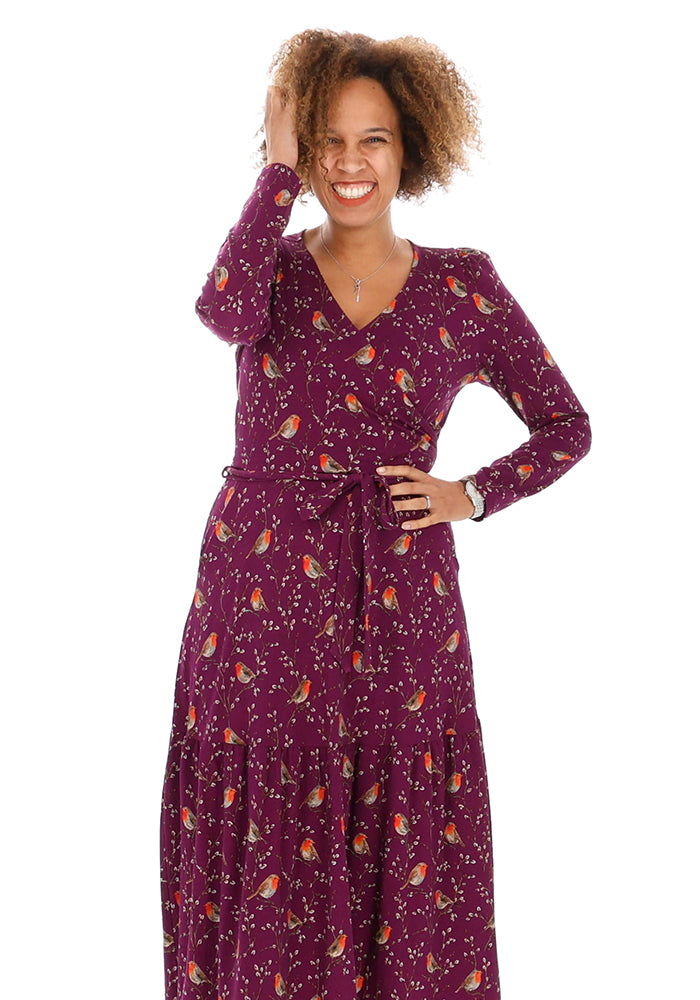Robena Purple Robins Print Cotton Midaxi Dress