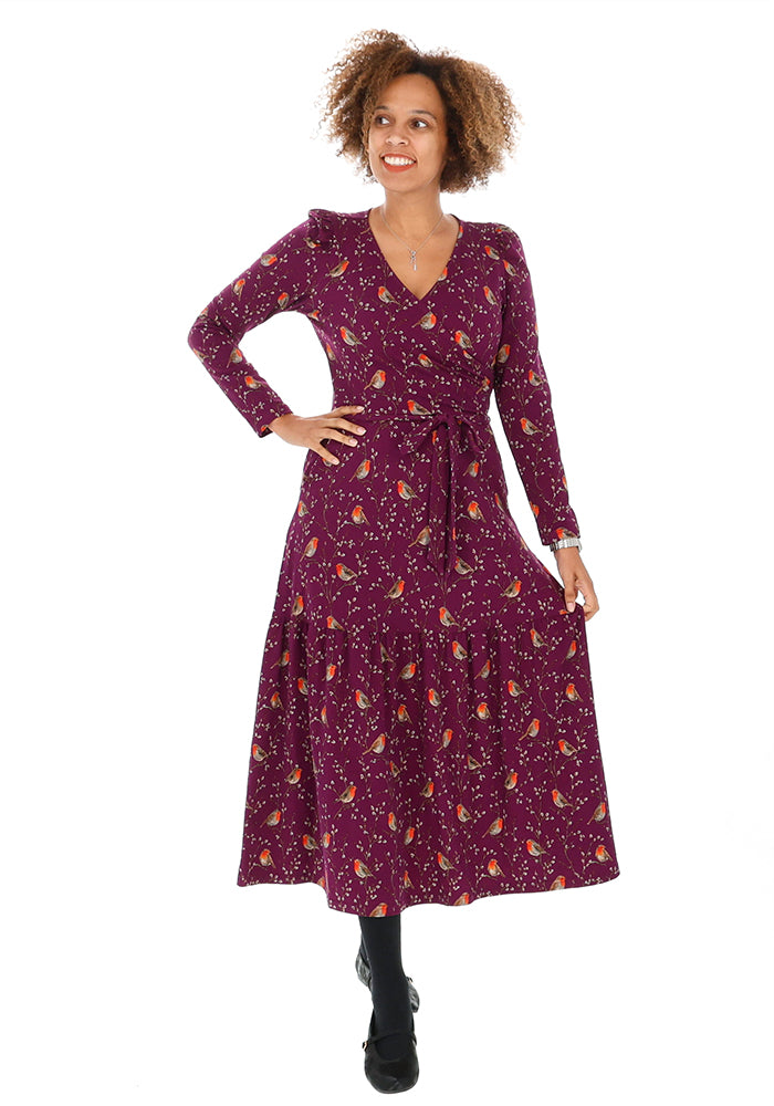 Robena Purple Robins Print Cotton Midaxi Dress
