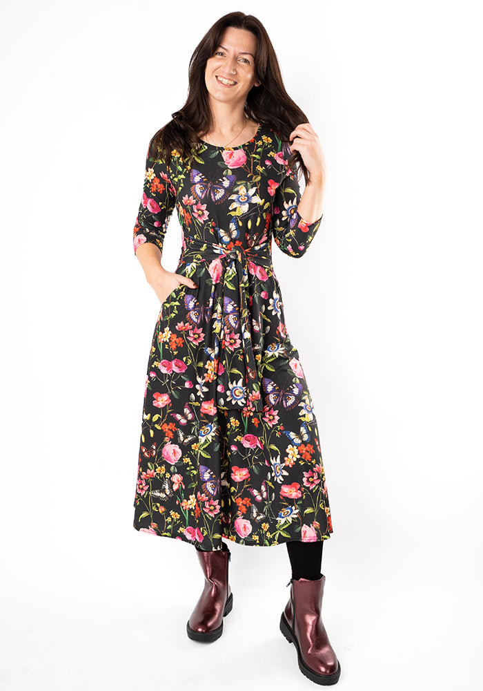 Front view of Roisin Botanical Floral Butterfly Print Midi Dress