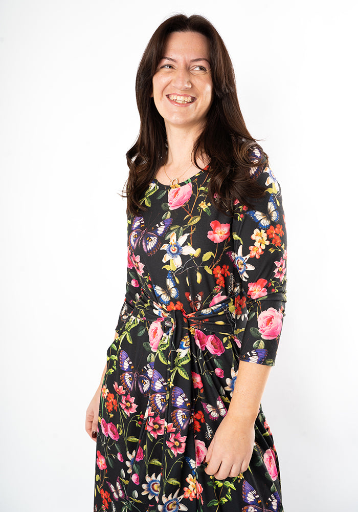 Third angle of Roisin Botanical Floral Butterfly Print Midi Dress