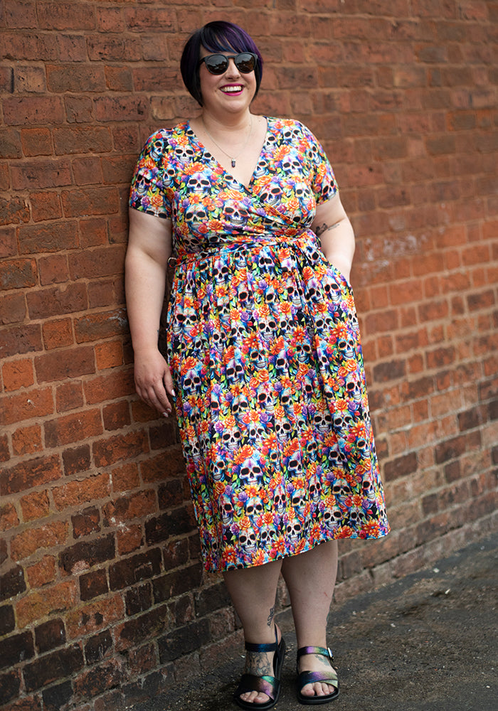 Front view of Romie Rainbow Floral Skull Print Jersey Midi Dress