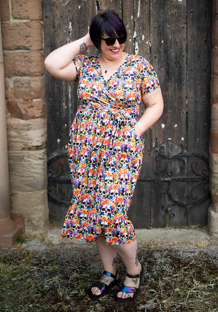 Eighth angle of Romie Rainbow Floral Skull Print Jersey Midi Dress