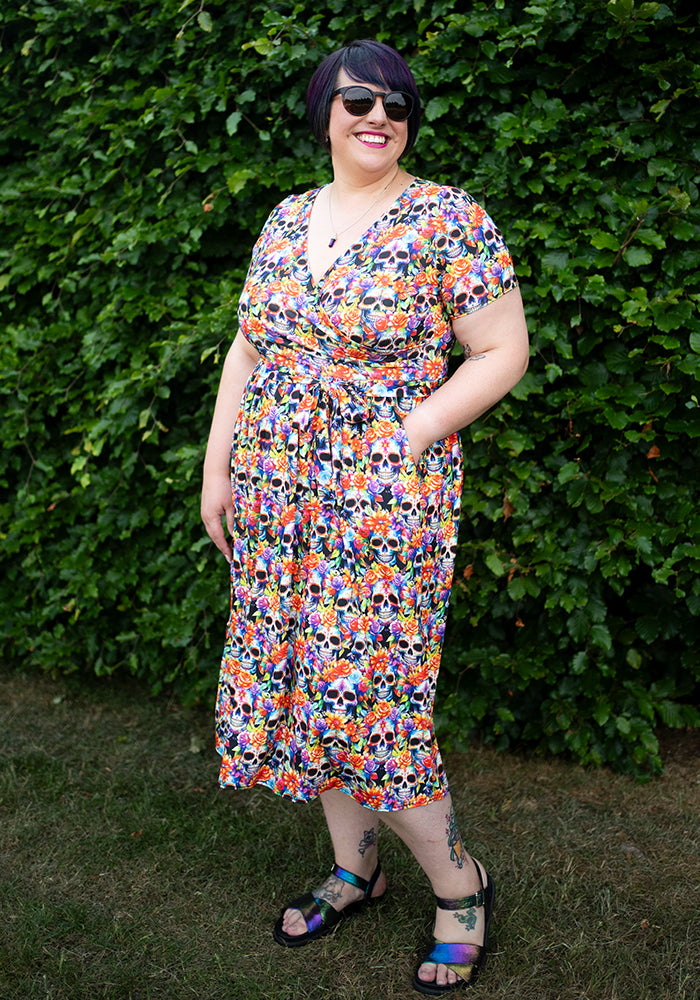 Seventh angle of Romie Rainbow Floral Skull Print Jersey Midi Dress