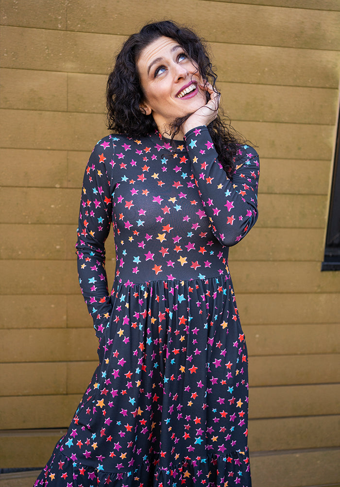 Romy Colourful Stars Print Tiered Hem Dress