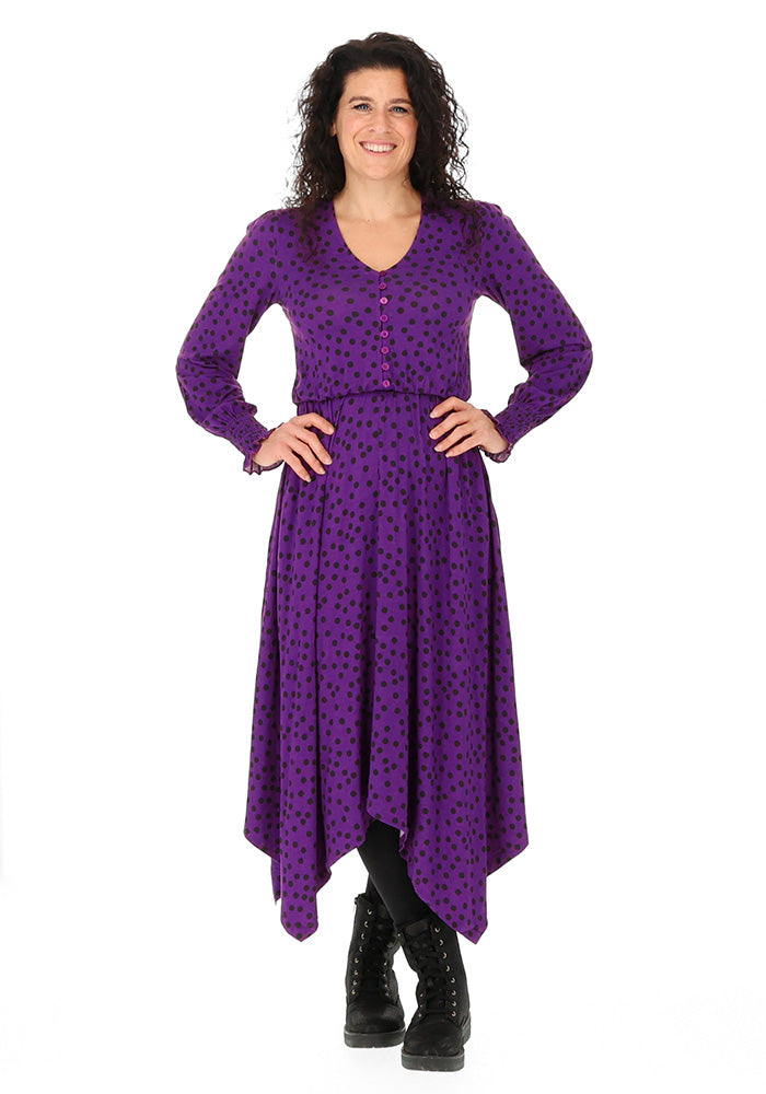 Rona Purple Black Spot Print Handkerchief Hem Dress
