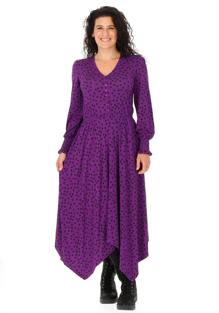 Rona Purple Black Spot Print Handkerchief Hem Dress