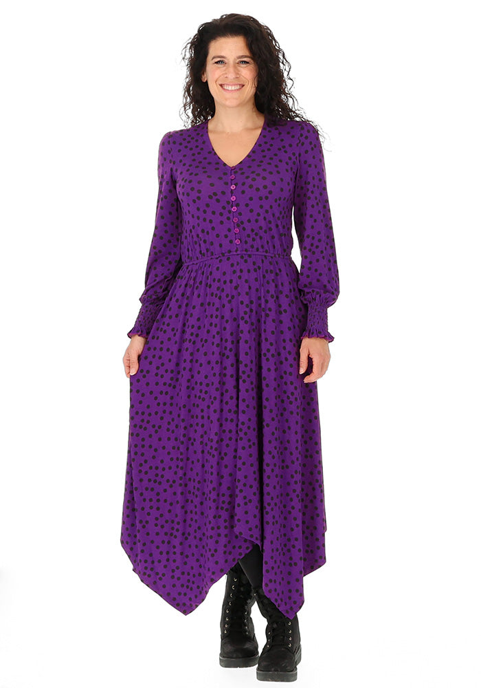Rona Purple Black Spot Print Handkerchief Hem Dress