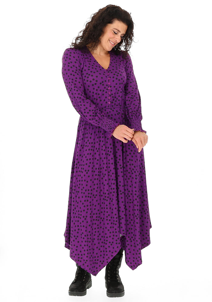 Rona Purple Black Spot Print Handkerchief Hem Dress