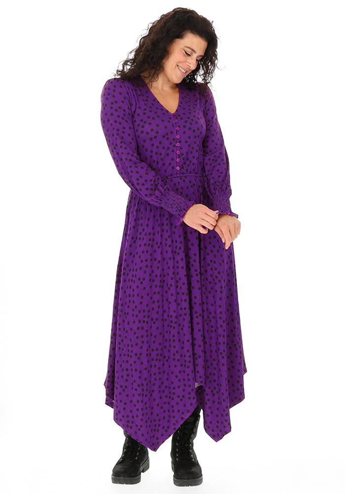 Rona Purple Black Spot Print Handkerchief Hem Dress