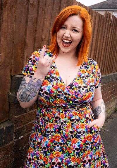 Rowyn Rainbow Floral Skull Print Cotton Dress