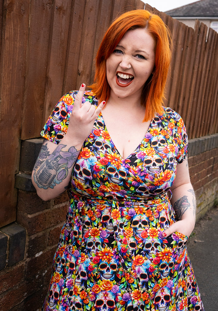Rowyn Rainbow Floral Skull Print Cotton Dress