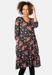 Rosa Embroidered Rose Print Tiered Hem Dress