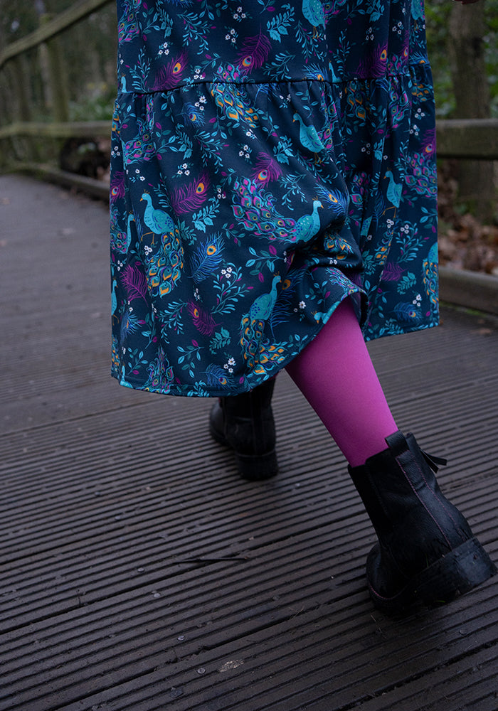 Seventh angle of Rosalie Peacock Print Tiered Hem Midi Dress
