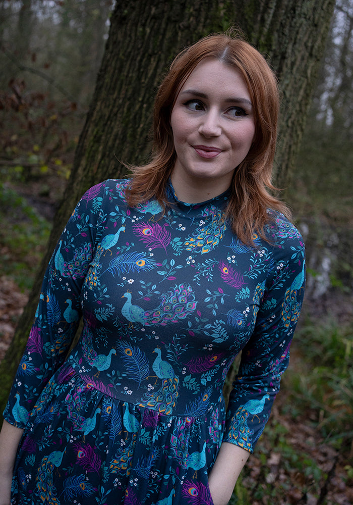 Rosalie Peacock Print Tiered Hem Midi Dress