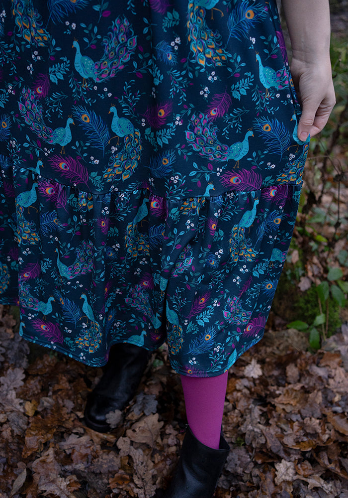Rosalie Peacock Print Tiered Hem Midi Dress