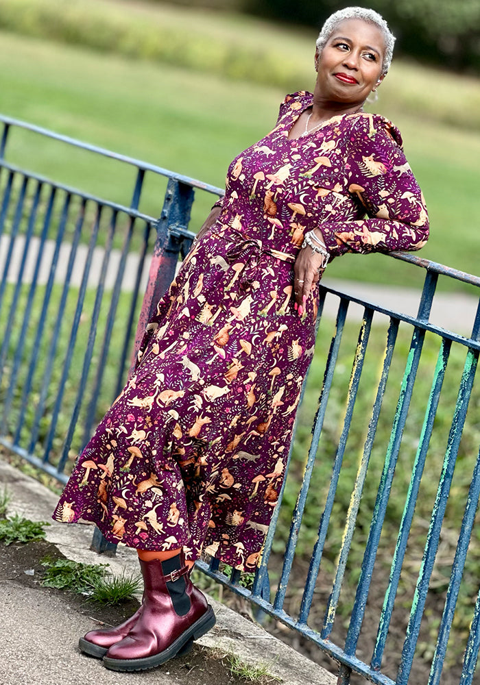 Rosaphine Plum Mystical Cat Print Cotton Midi Dress
