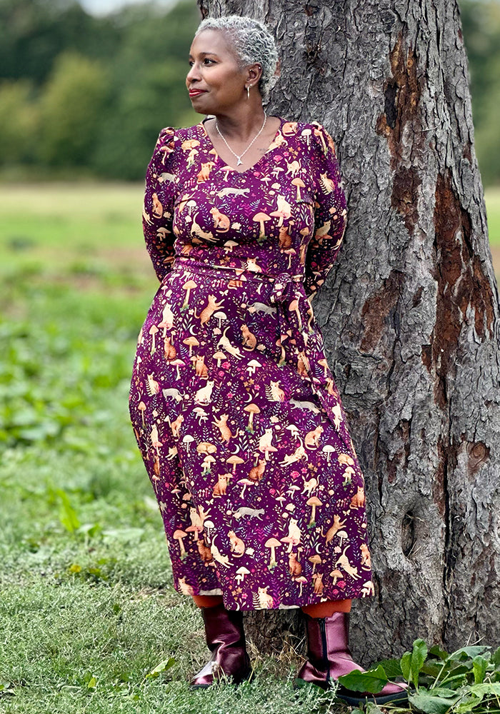 Rosaphine Plum Mystical Cat Print Cotton Midi Dress
